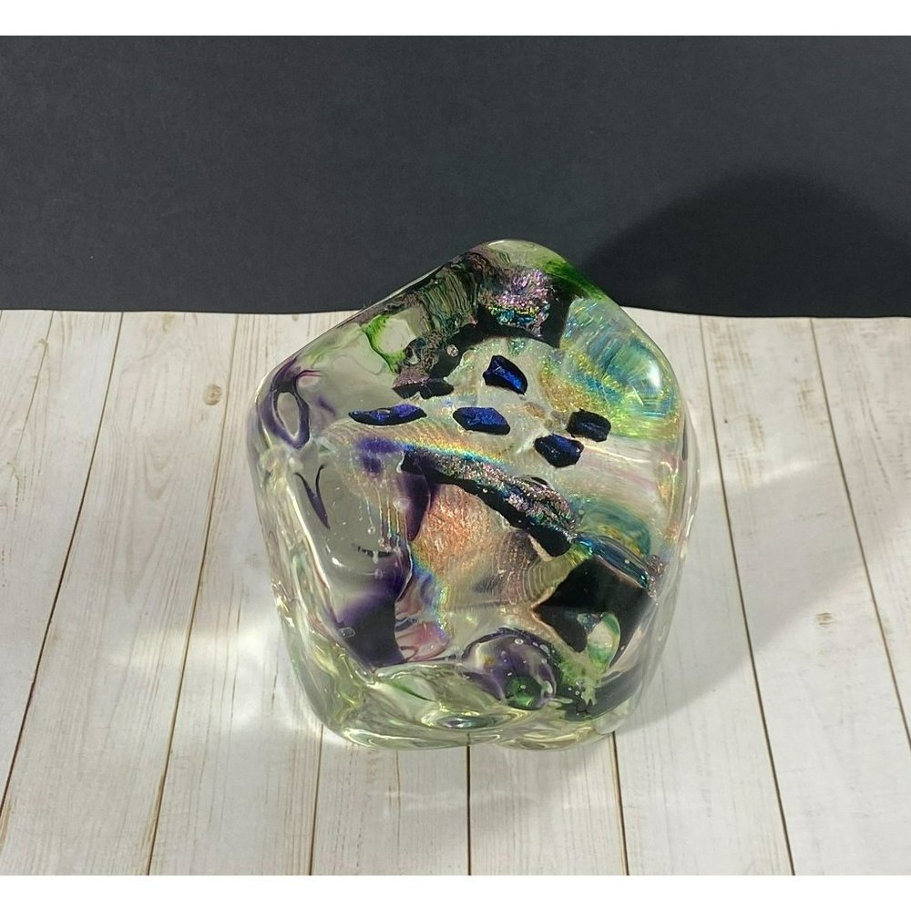Timothy E Landers Dichroic Glass "Moon Rock" Paperweight 3 3/4 inches Bubbles